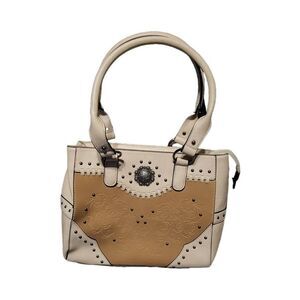 New~LAVAWA Western Shoulder Bag Vintage Embossed Concho Studs~Tan/Cream